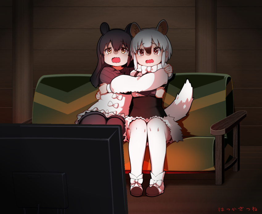2girls animal_ears anteater_ears anteater_tail artistkitune19 black_boots black_corset black_hair black_pantyhose black_shirt black_shorts boots bow bowtie corset couch extra_ears frilled_shirt frills fur_(clothing) fur_collar hair_between_eyes highres hug_from_side kemono_friends kemono_friends_3 long_hair long_sleeves malayan_tapir_(kemono_friends) multicolored_boots multicolored_hair multiple_girls open_mouth orange_eyes pantyhose scared shirt short_sleeves shorts sidelocks sitting southern_tamandua_(kemono_friends) tail tapir_ears tapir_girl tapir_tail tearing_up television two-tone_boots two-tone_hair two-tone_shirt wavy_mouth white_boots white_bow white_bowtie white_fur white_hair white_pantyhose white_shirt white_shorts