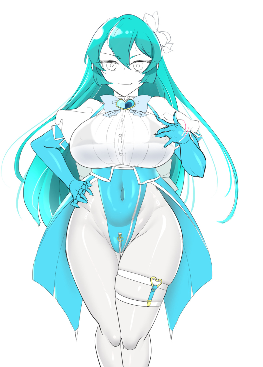 1girl aqua_gloves aqua_hair aqua_leotard black_bra bra bra_visible_through_clothes breasts brooch closed_mouth covered_navel crotch_zipper elbow_gloves gloves groin hair_between_eyes hair_ribbon hand_on_own_chest hand_on_own_hip highres jewelry konmori_(kinbou_sokai) large_breasts leotard looking_at_viewer magia_azure mahou_shoujo_ni_akogarete minakami_sayo ribbon simple_background sketch smile solo thigh_strap underwear unfinished white_background wide_hips