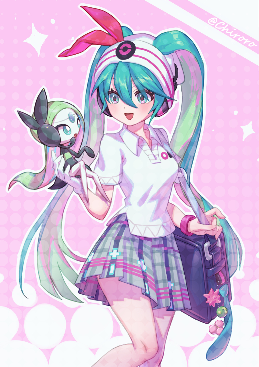 1girl absurdres aqua_eyes bag beanie chiroro_(joy_jun_cool) collared_shirt commentary crossover gen_5_pokemon gloves green_hair hat hatsune_miku headphones highres legendary_pokemon long_hair meloetta meloetta_(aria) mythical_pokemon nintendo no_feet open_mouth pleated_skirt pokemon pokemon_(creature) project_voltage psychic_miku_(project_voltage) shirt shoulder_bag single_glove skirt smile twintails vocaloid white_gloves white_shirt