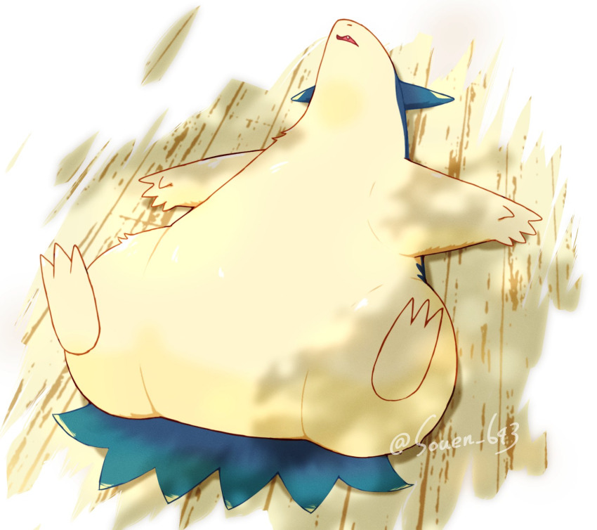 animal_ears artist_name badger badger_ears belly floor fluff fluffy gen_2_pokemon highres lying nintendo no_humans on_back on_floor pokemon pokemon_(creature) signature sleeping sleepy solo souen_643 typhlosion wooden_floor