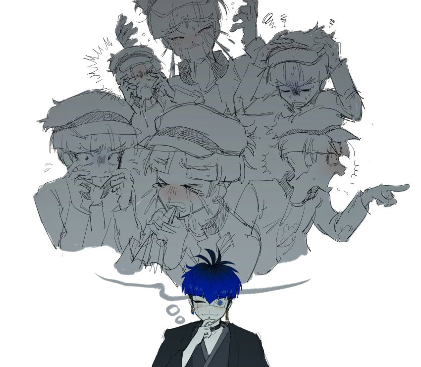 2boys black_hair black_kimono blue_hair blush closed_eyes closed_mouth commentary english_commentary eyepatch gradient_hair hat highres imagining japanese_clothes kimono maruko_gaku medical_eyepatch multicolored_hair multiple_boys newsboy_cap omokage_yugamu one_eye_covered open_mouth printerrrpng simple_background smile speech_bubble tears the_hundred_line_-last_defense_academy- thought_bubble two-tone_hair white_background