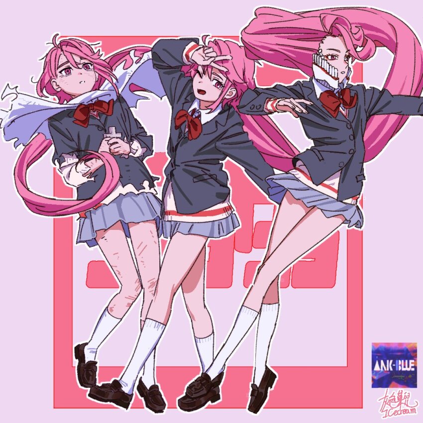 3girls absurdly_long_hair acrobatic_silky_(dandadan) alternate_form anime_coloring aqua_skirt artist_name asymmetrical_sleeves ballet blazer blue_jacket bow bowtie brown_shoes buttons cape collared_shirt commentary_request copyright_name cross damaged damaged_skin dandadan dated_commentary dress_shoes dual_persona extra_teeth eyelashes holding holding_cross huise_guozi jacket kami_high_school_uniform kneehighs lapels latin_cross loafers long_hair looking_at_viewer looking_to_the_side mark_under_eye medium_hair miniskirt multiple_girls nose notched_lapels official_art one_eye_closed open_mouth outline parted_lips pink_background pink_hair pleated_skirt pocket promotional_art red_bow red_bowtie school_uniform science_saru second-party_source shiratori_aira_(dandadan) shirt shirt_under_sweater shoes signature simple_background single_hair_intake skirt socks sweater sweater_under_jacket teeth tongue torn_cape torn_clothes torn_sleeves torn_sweater tube_socks undershirt uneven_sleeves v very_long_hair white_cape white_mask white_outline white_sleeves white_socks white_sweater white_undershirt