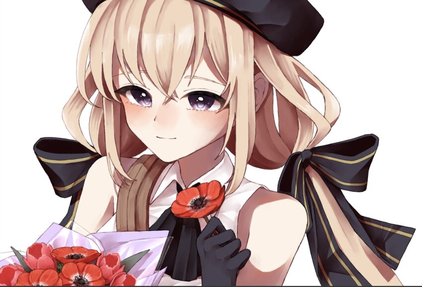 1girl amahara_nue ascot assault_lily bare_shoulders beret black_ascot black_gloves black_hat black_ribbon blonde_hair blush bouquet closed_mouth collared_shirt crossed_bangs flower gloves hair_between_eyes hair_ribbon hand_up hat highres holding holding_flower light_smile long_hair looking_away low_twintails odaiba_girls_high_school_uniform purple_eyes red_flower ribbon school_uniform shirt shoulder_strap sidelocks simple_background solo striped_ribbon takehisa_nakaba twintails upper_body white_background white_shirt