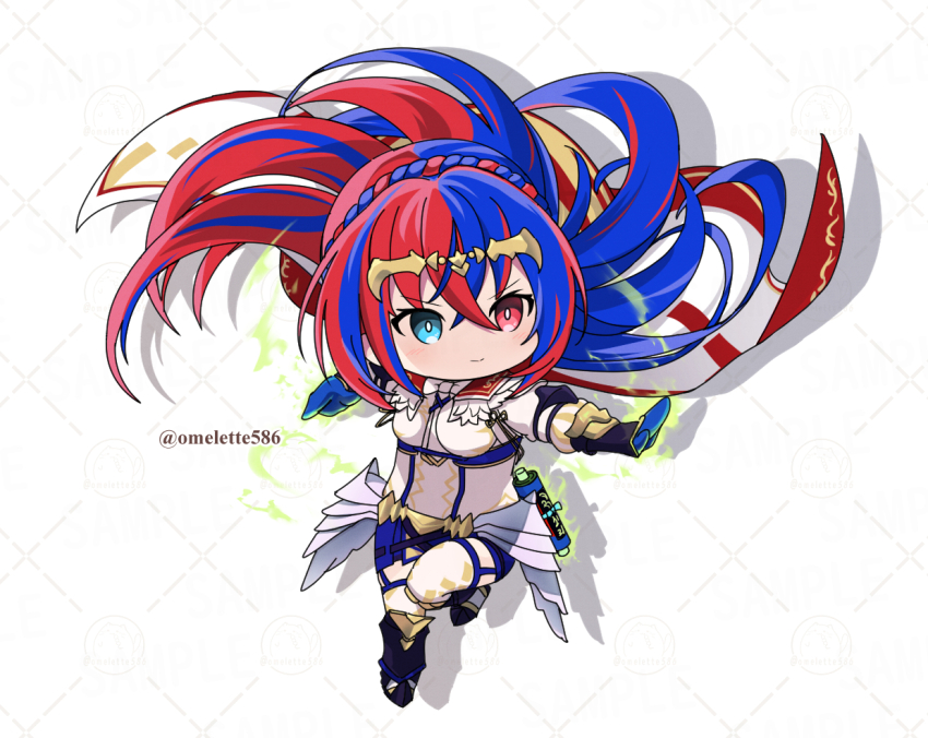 1girl female_alear_(fire_emblem) blue_eyes blue_gloves blue_hair chibi chibi_only closed_mouth commentary_request crossed_bangs female_alear_(awoken_divinity)_(fire_emblem) fire_emblem fire_emblem_engage floating_hair gloves hair_between_eyes heterochromia komurice leg_up long_hair multicolored_hair nintendo official_alternate_costume red_eyes red_hair skirt solo split-color_hair tiara twitter_username two-tone_hair very_long_hair