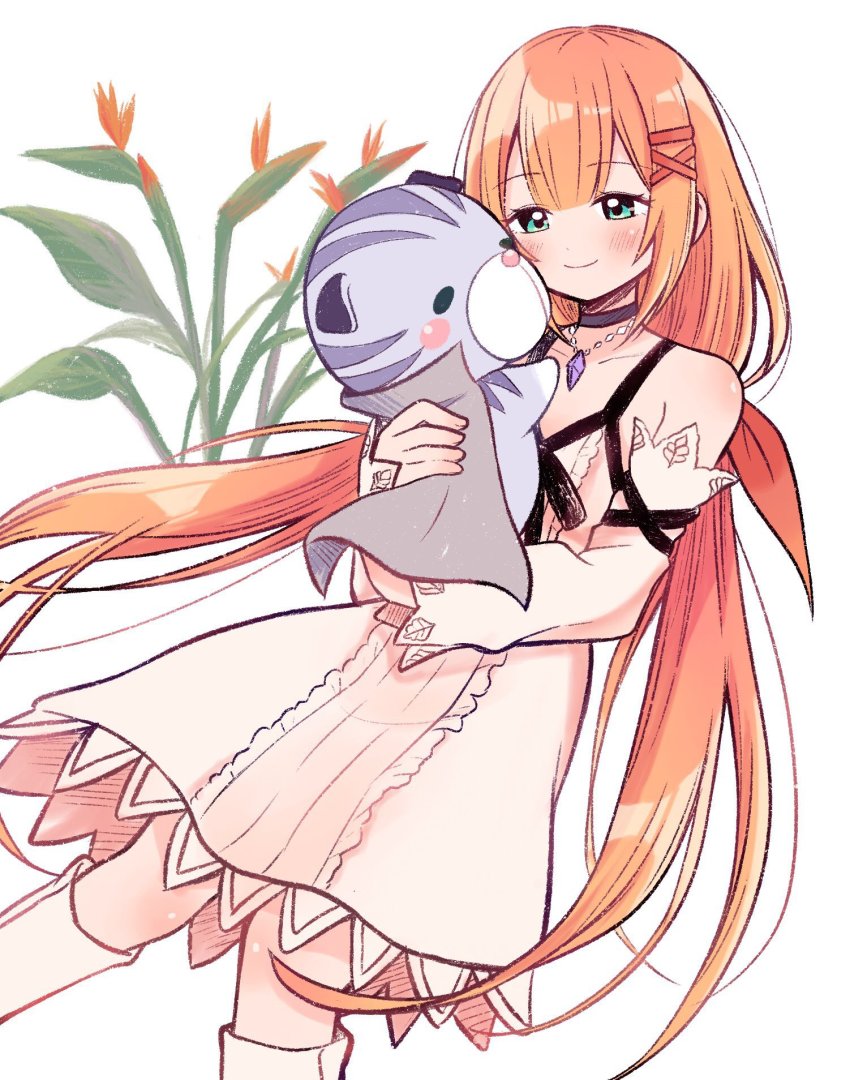 1girl bare_shoulders black_choker blush breasts cape chirithy choker creature detached_sleeves dress feet_out_of_frame floral_background green_eyes grey_cape hair_between_eyes hair_ornament hairclip highres holding holding_creature jewelry kingdom_hearts knees_together_feet_apart long_hair low_twintails necklace orange_hair pendant small_breasts smile strelitzia_(kingdom_hearts) twintails white_background white_dress white_footwear yataba