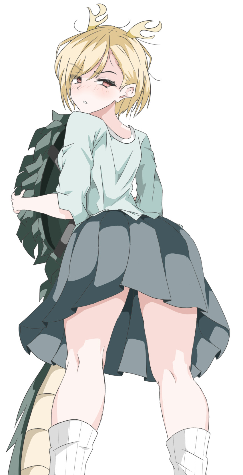 1girl absurdres black_skirt blonde_hair commentary_request dragon_tail feet_out_of_frame highres kakineko kicchou_yachie looking_at_viewer looking_back pleated_skirt red_eyes short_hair simple_background skirt solo tail touhou turtle_shell white_background