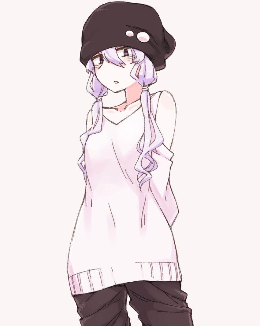 1girl alternate_costume arms_behind_back beanie black_hat black_pants blush character_request check_character clothing_cutout collarbone commentary_request cowboy_shot hair_between_eyes hat highres mochi_(mochi444420) pants parted_lips pink_hair purple_eyes short_hair_with_long_locks shoulder_cutout solo standing sweater v-neck vocaloid voiceroid white_sweater yuzuki_yukari yuzuki_yukari_(lin)