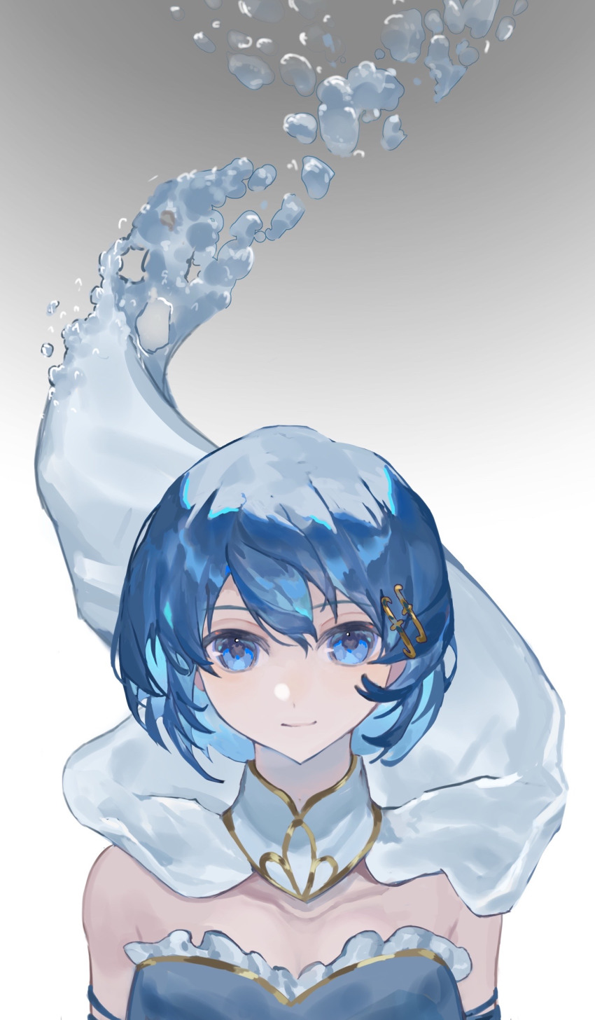 1girl absurdres armlet baicha_nuwang bare_shoulders blue_eyes blue_gloves blue_hair blue_shirt breasts cape cleavage closed_mouth collarbone collared_cape dissolving dot_nose elbow_gloves floating_cape fortissimo frilled_shirt frills gloves gradient_background grey_background hair_between_eyes hair_ornament hairclip happy high_collar highres jewelry looking_at_viewer magical_girl mahou_shoujo_madoka_magica mahou_shoujo_madoka_magica_(anime) miki_sayaka musical_note musical_note_hair_ornament shirt short_hair simple_background smile solo straight-on strapless strapless_shirt upper_body water_drop white_background white_cape