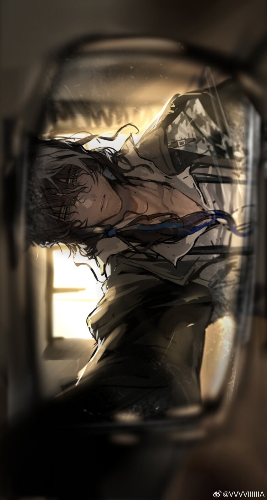 1boy animal_ears arknights beard_stubble cropped_torso eboda-x expressionless facial_hair goggles goggles_around_neck grey_hair highres looking_at_viewer mustache_stubble norwell_(arknights) partially_unbuttoned sparse_stubble stubble