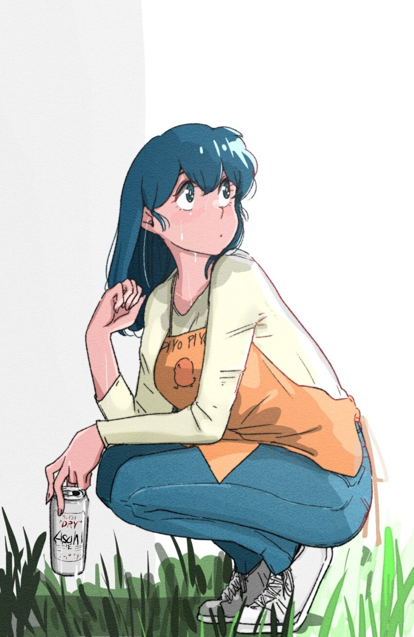 1girl apron asahi_breweries beer_can blue_eyes blue_hair can chick_print denim drink_can grass highres jeans maison_ikkoku non-web_source on_grass otonashi_kyouko pants poppowerhearts print_apron shirt shoes simple_background sneakers solo sweat white_background white_shirt white_shoes