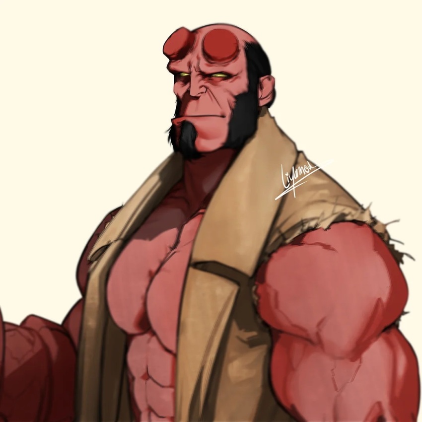 1boy abs balding bara bare_pectorals black_hair broken_horn coat colored_skin demon_boy frown hellboy hellboy_(comic) horns large_pectorals liyamou male_focus monster_boy muscular muscular_arms muscular_male pectorals red_skin short_hair sideburns solo torn_clothes torn_sleeves upper_body wrinkled_skin yellow_eyes