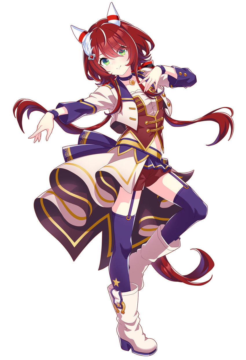 1girl animal_ears blue_choker blue_thighhighs boots choker closed_mouth ear_covers full_body garter_straps green_eyes hair_between_eyes highres horse_ears horse_girl horse_tail jacket long_sleeves looking_at_viewer multicolored_hair official_art red_hair short_hair_with_long_locks smile solo starting_future_(umamusume) streaked_hair tail thighhighs umamusume white_boots white_hair white_jacket win_variation_(umamusume)