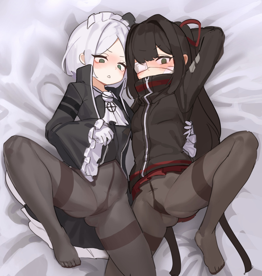 2girls absurdres arm_up ascot bed_sheet black_hair black_jacket brown_pantyhose eyepatch frilled_sleeves frills green_eyes gya_rb hair_ribbon highres jacket library_of_ruina long_hair lying maid_headdress medical_eyepatch multiple_girls on_back pamela_(project_moon) pantyhose parted_bangs parted_lips petite project_moon red_ribbon ribbon shi_association_south_uniform short_hair sidelocks tenma_(project_moon) very_long_hair white_ascot white_hair wide_sleeves