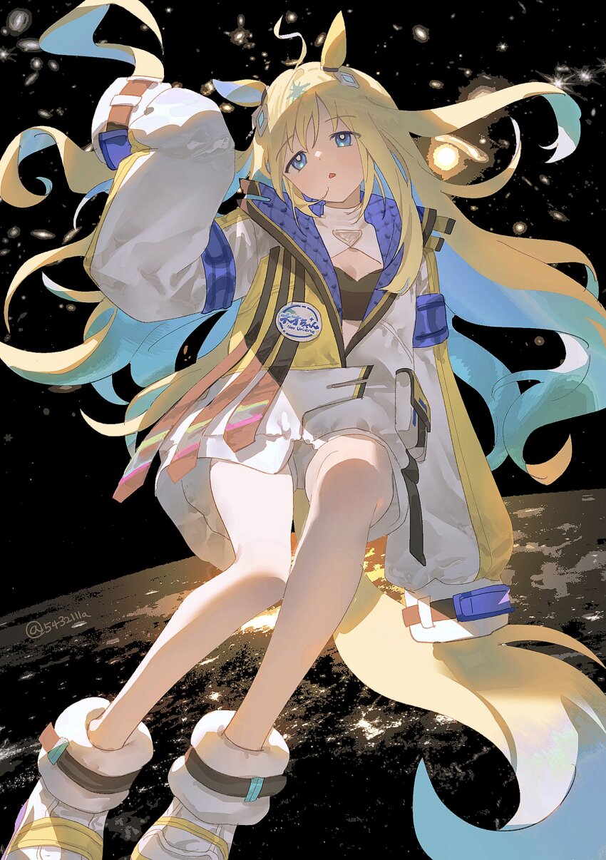 1girl 9nyo absurdres animal_ears aqua_hair blonde_hair blue_eyes boots commentary ear_ornament hair_between_eyes highres horse_ears horse_girl horse_tail jacket long_hair long_sleeves multiple_girls neo_universe_(umamusume) parted_lips shorts sleeves_past_fingers sleeves_past_wrists solo space tail triangle_mouth twitter_username umamusume very_long_hair white_boots white_jacket