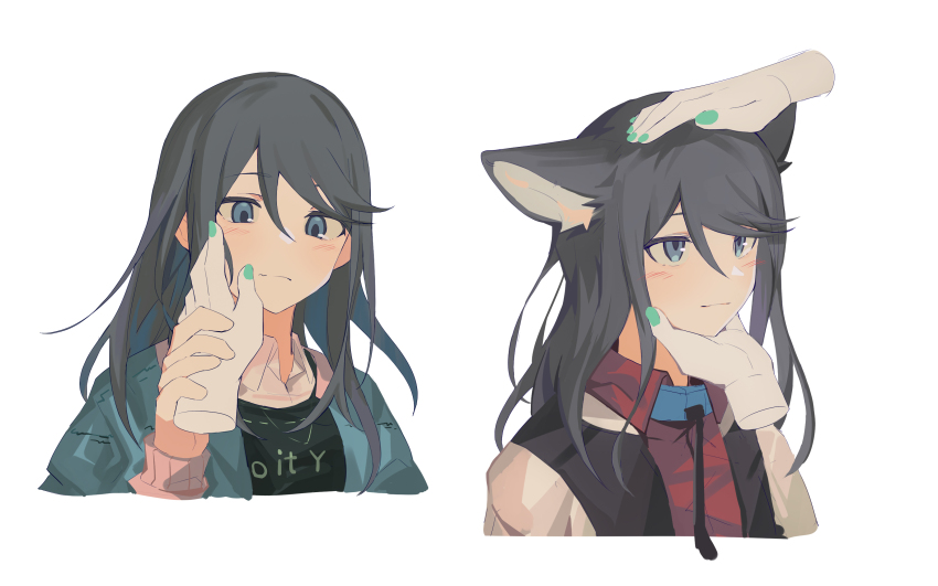 1girl 1other absurdres animal_ears aqua_jacket black_hair black_jacket black_leash black_shirt blue_collar blue_eyes blue_hair blush cat_ears cat_girl closed_mouth collar collared_shirt colored_inner_hair disembodied_hand green_nails hair_between_eyes hand_on_another&#039;s_hand highres hoshino_ichika_(project_sekai) jacket leash light_smile looking_at_another medium_hair multicolored_hair multicolored_jacket multiple_views nail_polish open_clothes open_jacket project_sekai red_shirt shirt swept_bangs two-tone_jacket upper_body white_background white_jacket white_shirt ximuye