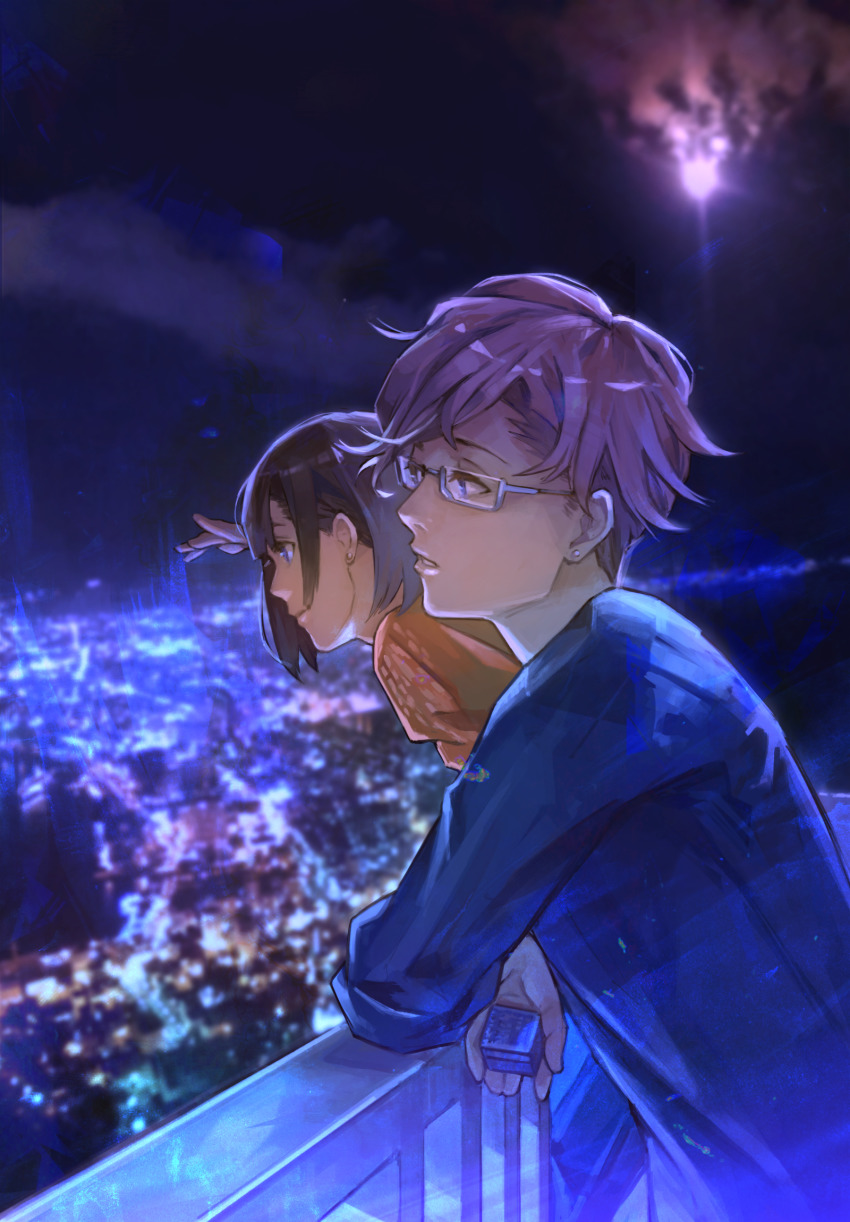 1boy 1girl black_sweater blue_eyes blurry blurry_background city city_lights cloud cloudy_sky from_side glasses hand_up highres holding kyuuba_melo long_sleeves moonlight night nishino_kimi nishio_nishiki outdoors parted_lips profile railing ring_box short_hair sky sweater teeth tokyo_ghoul upper_body