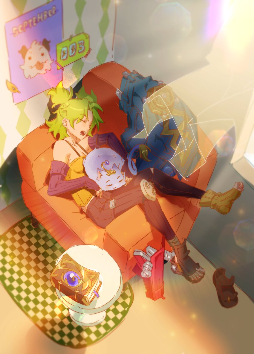 absurdres animal animal_on_lap armchair blue_jacket bolt_(hardware) book brown_footwear brown_gloves brown_pants cat cat_loaf cat_on_lap chair closed_eyes curtains fingerless_gloves gem gloves grey_hair gun highres jacket league_of_legends messy_hair odanju on_chair on_lap open_window pants parted_bangs poro_(league_of_legends) poster_(object) reclining rug shoes single_shoe sleeping table tank_top toeless_footwear twintails unworn_jacket weapon wind window yellow_tank_top yuumi_(league_of_legends) zeri_(league_of_legends)