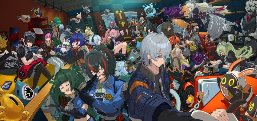 &gt;_&lt; 0_0 6+boys 6+girls absurdres alexandrina_sebastiane anastella_(zenless_zone_zero) anby_demara animal_ears animal_nose anton_ivanov asha_(zenless_zone_zero) bad_food bangboo_(zenless_zone_zero) baseball_bat beard belle_(zenless_zone_zero) ben_bigger billy_kid black_hair blonde_hair blue_hair blue_oni blue_skin burger burger_hair_ornament butler_(zenless_zone_zero) can cat_ears cheek_poking cheek_press closed_eyes colored_skin controller corin_wickes dark-skinned_female dark_blue_hair dark_skin detached_sleeves drink drink_can drooling drusilla_(zenless_zone_zero) earclip earrings eating elfy_(zenless_zone_zero) ellen_joe enzo_(zenless_zone_zero) eous_(zenless_zone_zero) everyone facial_hair facing_another falling fingerless_gloves fins fish_tail fisheye floating food food-themed_hair_ornament food_in_mouth freezer frilled_wristband furry furry_female furry_male game_controller general_chop_(zenless_zone_zero) gloom_(expression) gloves goggles goggles_on_head googly_eyes grace_howard green_hair grey_hair grin hair_between_eyes hair_ornament hairband hat headphones heart heart-shaped_eyes highres holding holding_baseball_bat holding_can holding_controller holding_game_controller hood hood_up hoodie horns hoshimi_miyabi hug humanoid_robot ice_cream indoors jacket jane_doe_(zenless_zone_zero) jewelry koleda_belobog laughing letter_hair_ornament long_hair long_sleeves looking_at_another luciana_de_montefio maid maid_headdress medium_hair metal_hairband mouth_drool multicolored_hair multiple_boys multiple_girls nekomiya_mana nicole_demara oni pants pantyhose pink_hair piper_wheel playing_games poking purple_hair qingyi_(zenless_zone_zero) rain_(zenless_zone_zero) red_hair robot safety_(zenless_zone_zero) seth_lowell shark_tail sharkboo_(zenless_zone_zero) sharp_teeth shirt short_hair short_sleeves sitting smile snout soukaku_(zenless_zone_zero) spiked_hairband spikes spilling standing sunglasses tail teeth television tokishima_sikuka tripping two-tone_hair vest von_lycaon wise_(zenless_zone_zero) zenless_zone_zero zhu_yuan