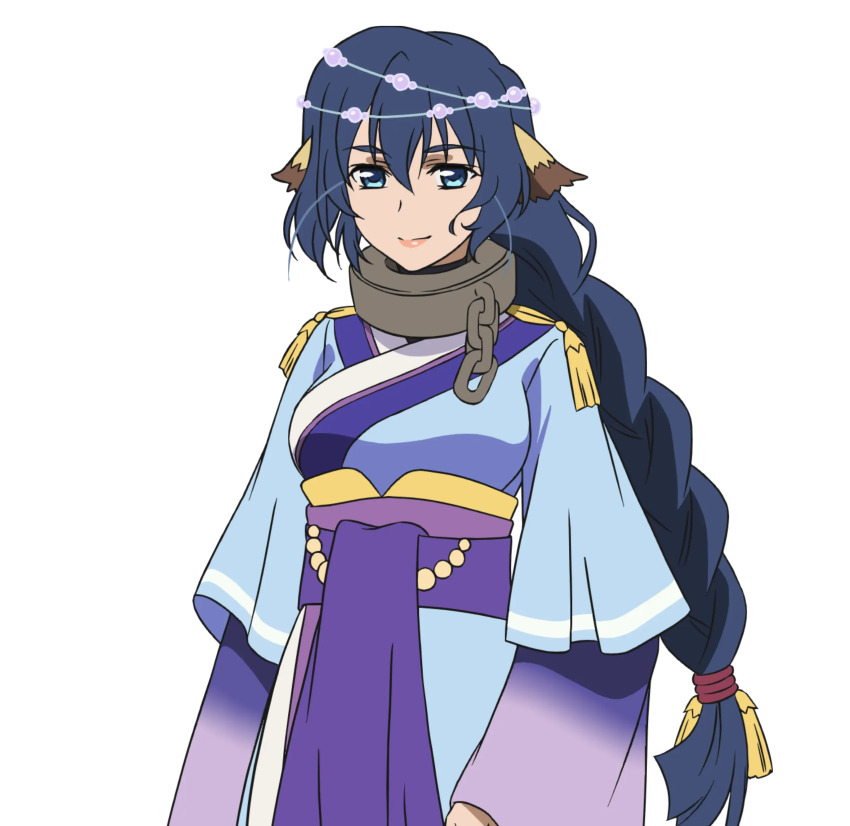 1girl absurdres animal_ears aquaplus blue_eyes blue_kimono braid breasts chain collar cowboy_shot hair_between_eyes hair_ornament highres japanese_clothes karulau kimono large_breasts layered_sleeves lips long_hair long_sleeves looking_at_viewer nakata_masahiko official_art raised_eyebrows sidelocks single_braid solo utawarerumono utawarerumono:_futari_no_hakuoro utawarerumono:_itsuwari_no_kamen very_long_hair wavy_hair white_fox_(company) wide_sleeves