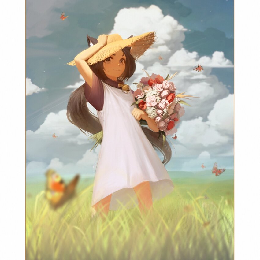 1girl absurdres animal_ears bell black_collar black_hair black_sleeves blue_sky blurry blurry_background blurry_foreground border borrowed_character bouquet bug butterfly cat_ears cat_girl closed_mouth cloud cloudy_sky collar commentary dress english_commentary feet_out_of_frame flower grass grey_eyes hand_on_headwear hat highres holding holding_bouquet insect long_hair looking_at_viewer milshoo nature neck_bell numanoan original short_sleeves sky smile solo standing straw_hat very_long_hair white_border white_dress