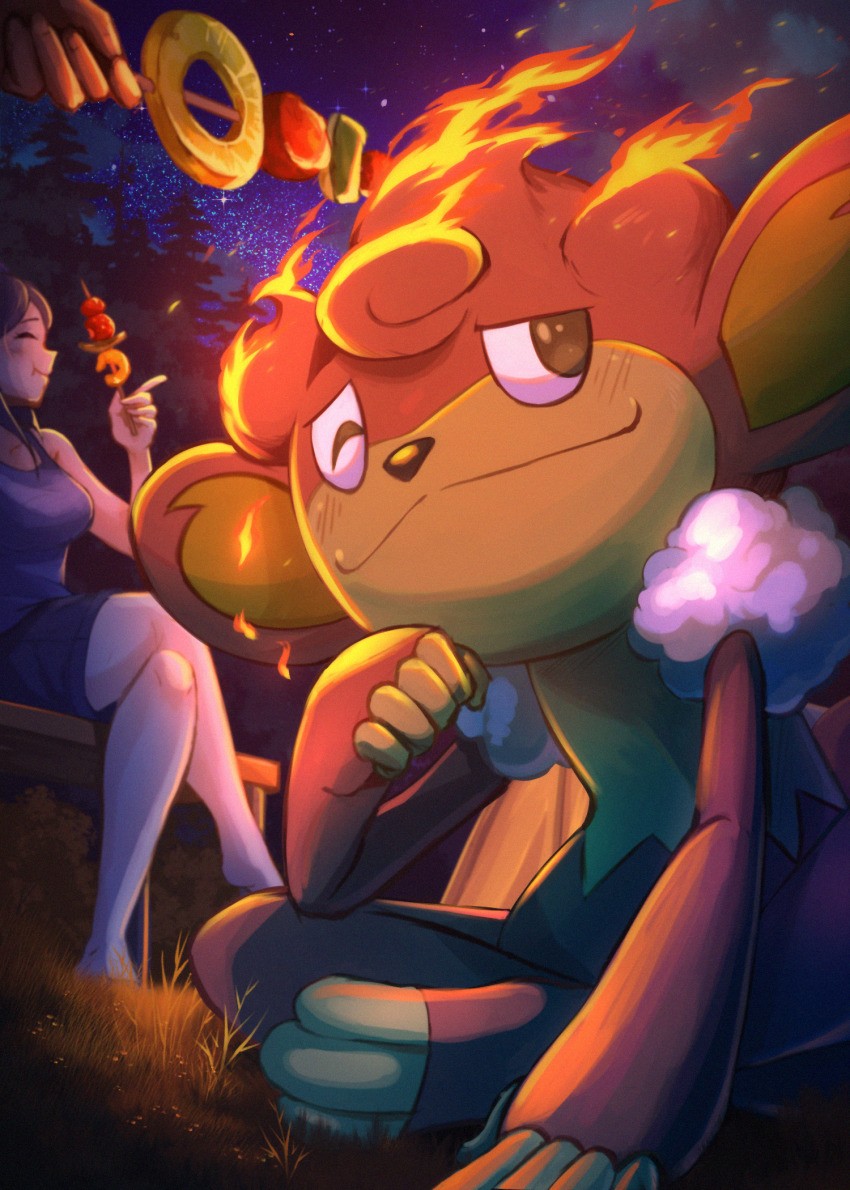 1girl 1other bench breasts closed_mouth fire food fruit gen_5_pokemon grass highres holding holding_skewer microbihon night night_sky nintendo one_eye_closed outdoors pineapple pineapple_slice pokemon pokemon_(creature) pokemon_focus shorts simisear sitting skewer sky smile star_(sky) tree