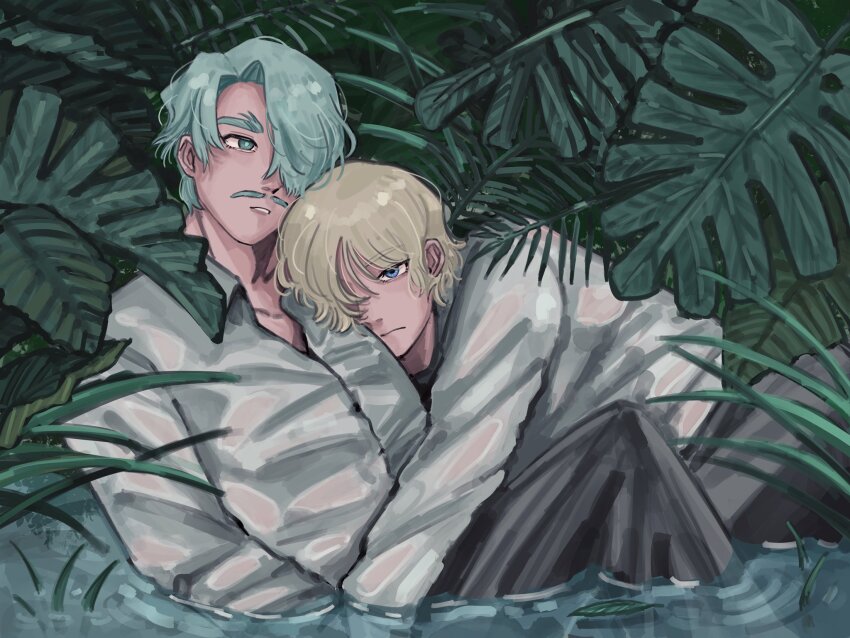 2boys black_pants blonde_hair blue_eyes bright_pupils challia_bull char_aznable closed_mouth commentary facial_hair fern frown green_eyes green_hair green_pupils gundam gundam_gquuuuuux hair_over_one_eye head_on_another&#039;s_chest highres hug knees_up long_sleeves male_focus multiple_boys mustache pants parted_lips partially_submerged partially_unbuttoned plant shirt short_hair symbol-only_commentary thick_eyebrows waist_hug water white_shirt yaoi z_pom