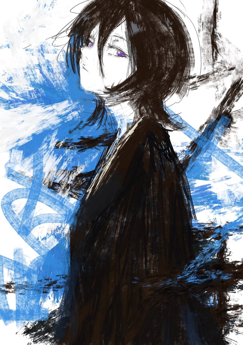 1girl abstract_background black_hair black_kimono bleach closed_mouth colored_skin expressionless fuyumurasaki hair_between_eyes highres japanese_clothes kimono kuchiki_rukia limited_palette painterly purple_eyes short_hair solo upper_body white_skin
