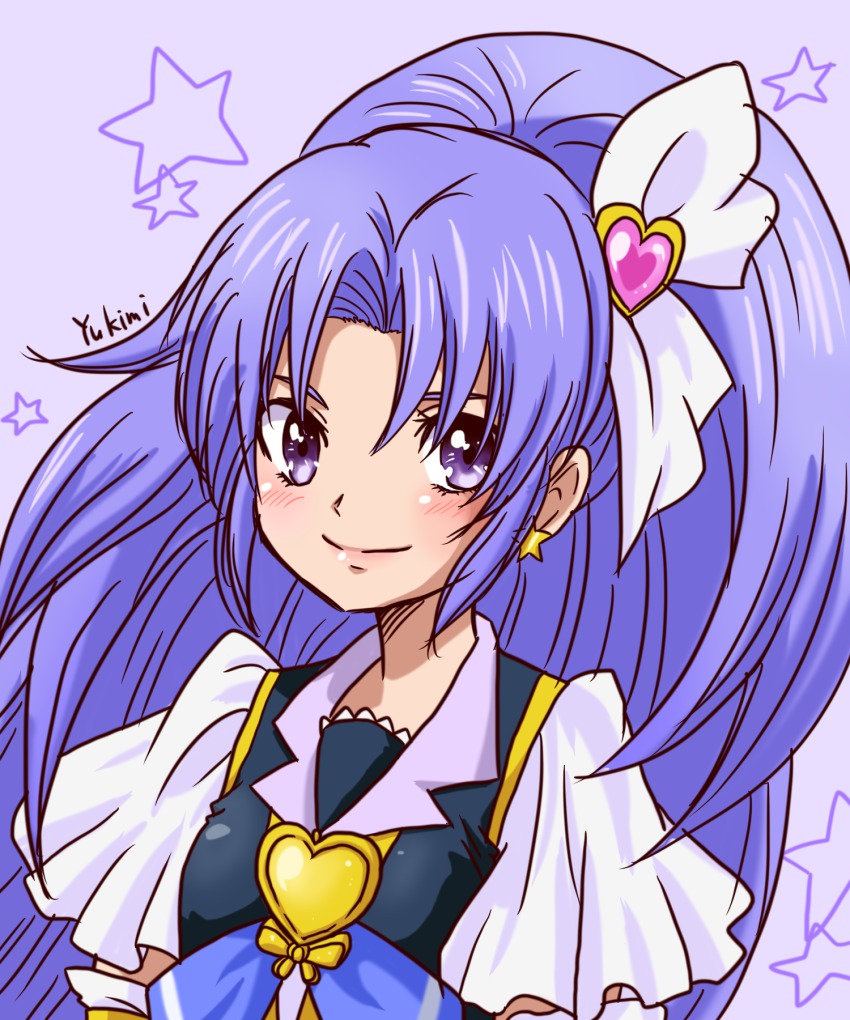 10s 1girl artist_name bad_id bad_pixiv_id blush brooch cure_fortune earrings eyelashes female_focus hair_ornament happinesscharge_precure! happy heart heart_brooch highres hikawa_iona jewelry long_hair looking_at_viewer magical_girl ponytail portrait precure purple_background purple_eyes purple_hair purple_theme shirt sketch smile solo star_(symbol) star_earrings vest wide_ponytail yukimi_(kurumi-no-naruki)
