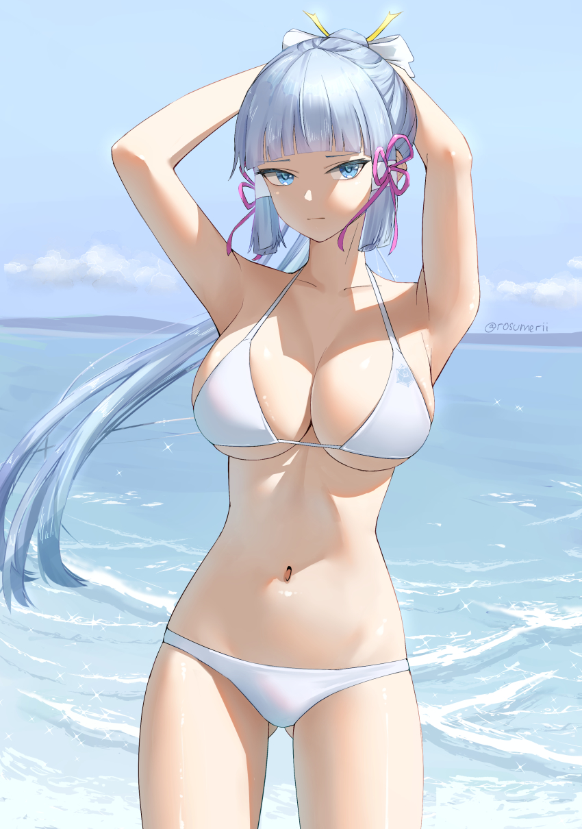 1girl :| absurdres arms_behind_head arms_up ayaka_(genshin_impact) bare_arms beach bikini blue_eyes blunt_bangs breasts closed_mouth cloud collarbone cowboy_shot genshin_impact gluteal_fold grey_hair hair_ribbon halterneck hands_on_own_head highres ice_crystal large_breasts long_hair navel ocean pink_ribbon ponytail ribbon rosumerii sidelocks sky solo stomach swimsuit thighs tress_ribbon twitter_username water white_ribbon