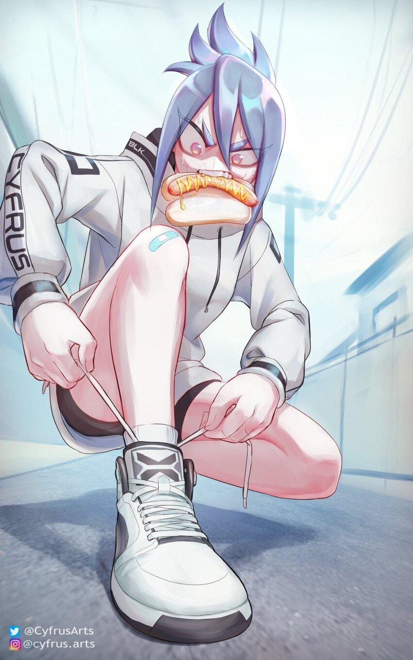 1girl alley black_shorts blue_hair commentary cyfrus full_body highres hot_dog instagram_username mouth_hold original perspective pink_eyes shoes short_shorts shorts sneakers solo sweatdrop twitter_username tying_footwear utility_pole white_shoes