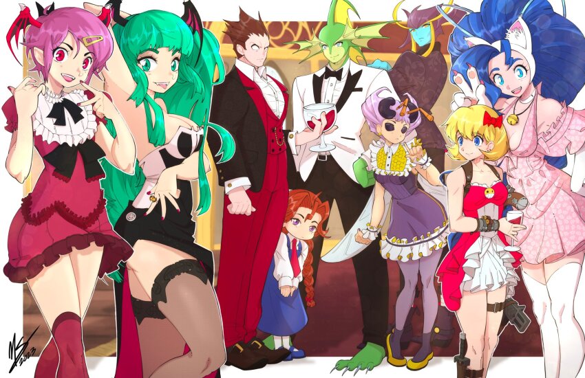 3boys 6+girls animal_ears anita_(darkstalkers) rikuo_(darkstalkers) blonde_hair blue_eyes braid breasts brown_hair b.b._hood cat_ears cat_tail demitri_maximoff dress felicia_(darkstalkers) flat_chest formal_clothes getinthegustaff green_hair highres jedah_dohma large_breasts lilith_(darkstalkers) long_hair medium_breasts morrigan_aensland multiple_boys multiple_girls pink_hair q-bee red_eyes short_dress short_hair suit tail v darkstalkers very_long_hair