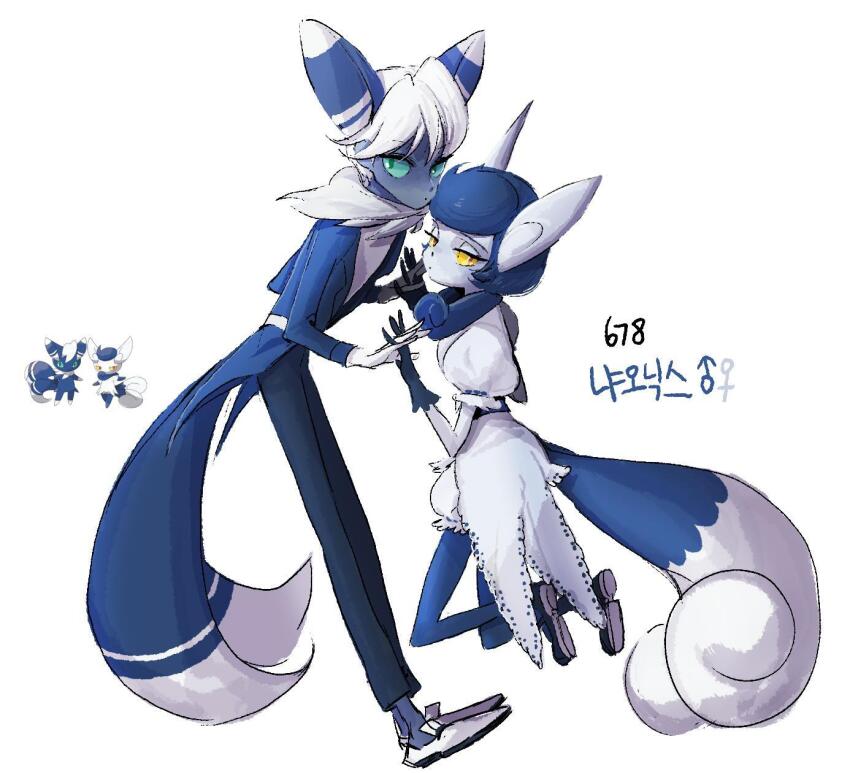 1boy 1girl animal_ears blue_hair blue_skin colored_skin dress fox_ears fox_tail game_freak gen_6_pokemon gloves green_eyes highres long_hair looking_at_viewer meowstic meowstic_(female) meowstic_(male) nintendo pokemon pokemon_(creature) shoes short_hair tagme tail tamtamdi white_background white_hair yellow_eyes