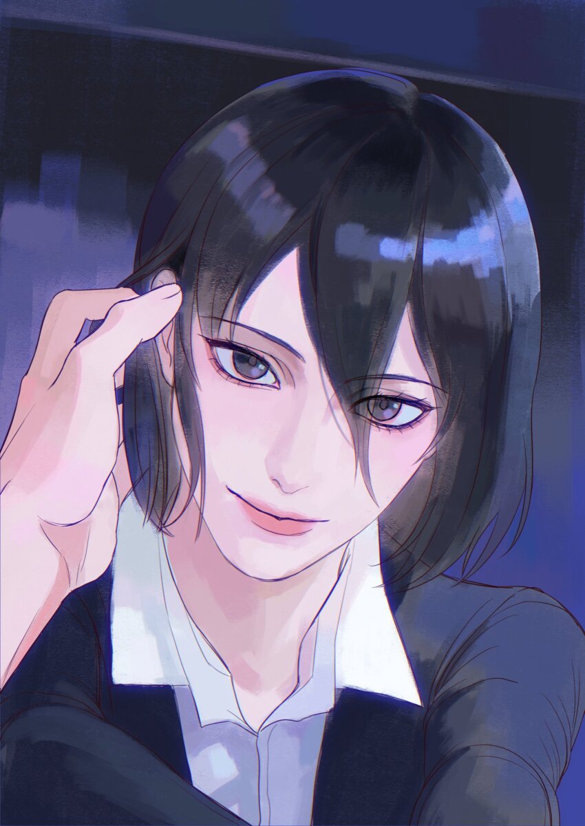 1boy 1girl black_eyes black_jacket commentary english_commentary eren_yeager furudxn hand_in_another&#039;s_hair highres jacket looking_at_viewer mikasa_ackerman pov pov_hands shingeki_no_kyojin shirt short_hair smile white_shirt