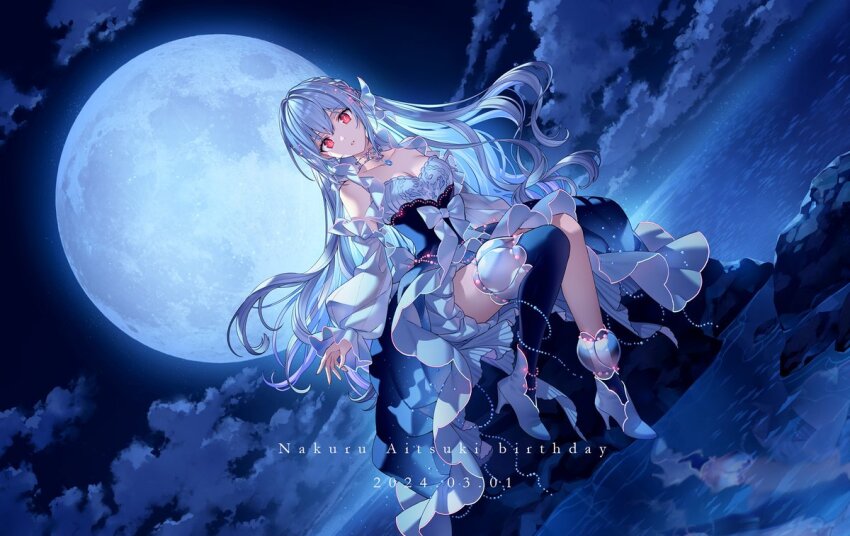 1girl aitsuki_nakuru asymmetrical_legwear bloomers boulder breasts character_name cleavage cloud corset dated detached_sleeves dress dutch_angle frilled_dress frills full_body full_moon happy_birthday high_heels la_priere long_hair moon nardack night off-shoulder_dress off_shoulder official_art parted_lips purple_hair red_eyes second-party_source shorts shorts_under_skirt single_thighhigh sitting solo thighhighs underwear water