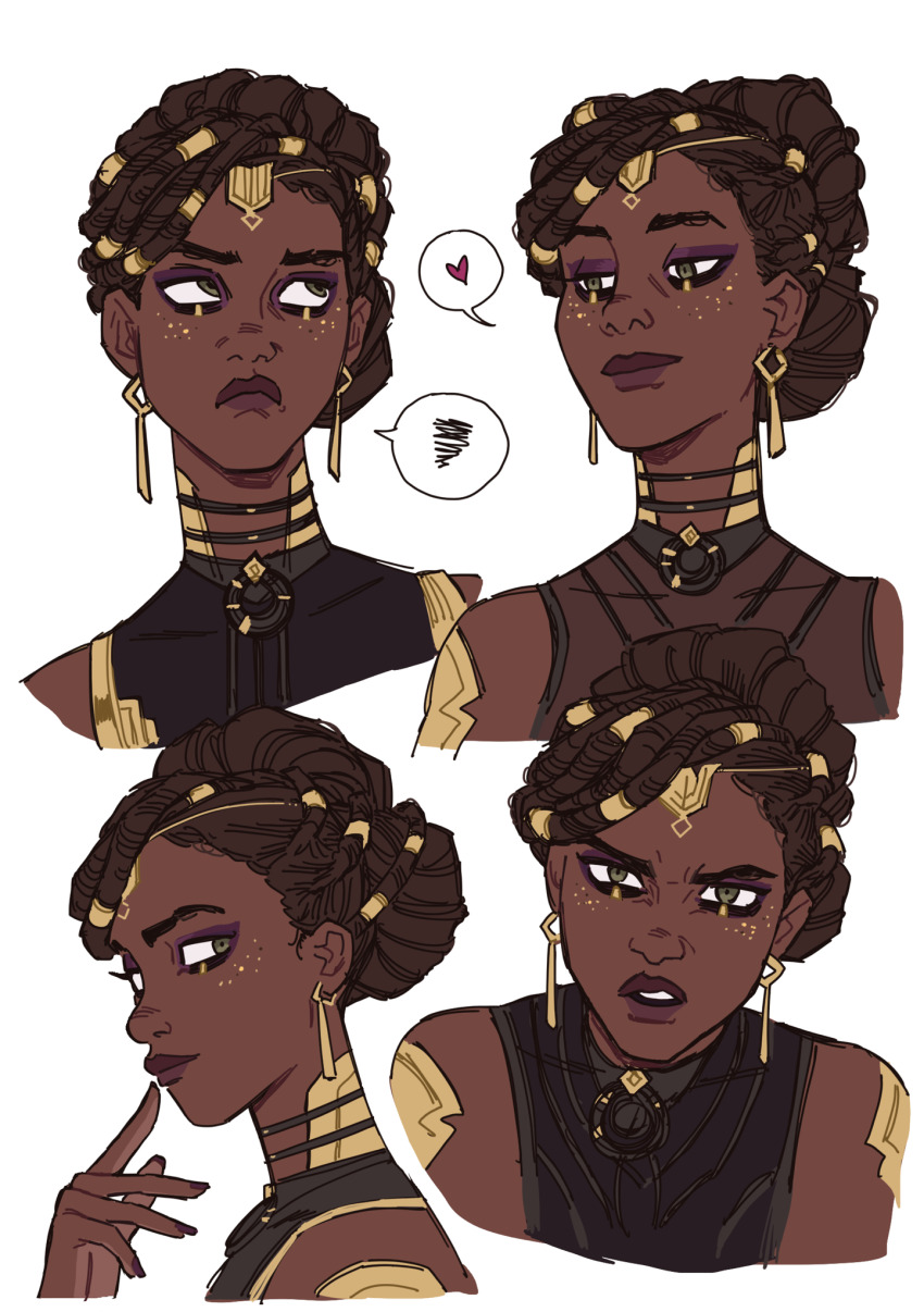 1girl arcane:_league_of_legends black_eyes bonesbunns brown_hair dark-skinned_female dark_skin dreadlocks earrings eyeshadow glitter_makeup hair_ornament hand_up heart highres jewelry league_of_legends looking_at_viewer makeup mel_medarda multiple_views purple_eyeshadow solo spoken_heart spoken_squiggle squiggle white_background