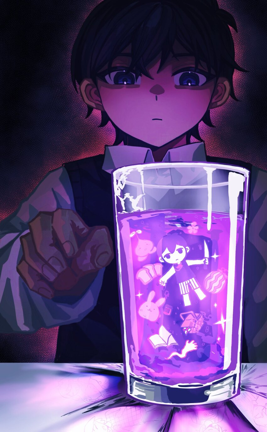 2boys alternate_sleeve_length black_eyes black_hair black_sweater_vest closed_mouth collared_shirt cup drinking_glass expressionless forest_bunny_(omori) highres incognito_qing long_sleeves male_focus multiple_boys omori omori_(omori) shirt sprout_mole sunny_(omori) sweater_vest white_shirt