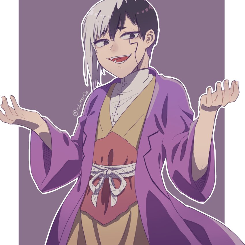 1boy :d asagiri_gen asymmetrical_hair black_eyes black_hair coat cracked_skin dr._stone facial_mark highres jacket looking_at_viewer multicolored_hair open_mouth purple_coat purple_jacket ritsu_(r_litsuca) short_hair shrugging smile solo split-color_hair twitter_username two-tone_hair white_hair wide_sleeves