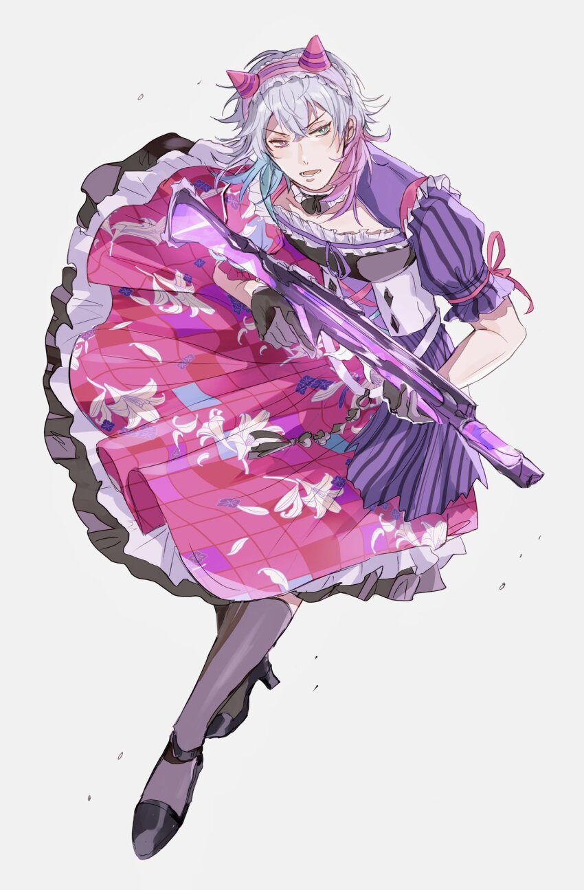 1boy alternate_costume black_gloves black_socks blue_eyes blue_hair blush collar crossdressing crossdressing_(mtf) dress dynamic_pose enmaided eyeshadow fake_horns floral_print frilled_collar frilled_dress frills full_body gavis_bettel gloves grey_hair gun hairband heterochromia high_heels highres holding holding_gun holding_weapon holostars holostars_english horned_headwear horns kneehighs lily_print maid maid_headdress makeup male_focus medium_hair multicolored_dress multicolored_hair open_mouth pink_eyes pink_eyeshadow pink_hair puffy_short_sleeves puffy_sleeves riz_tempura short_sleeves sketch socks solo virtual_youtuber weapon white_background