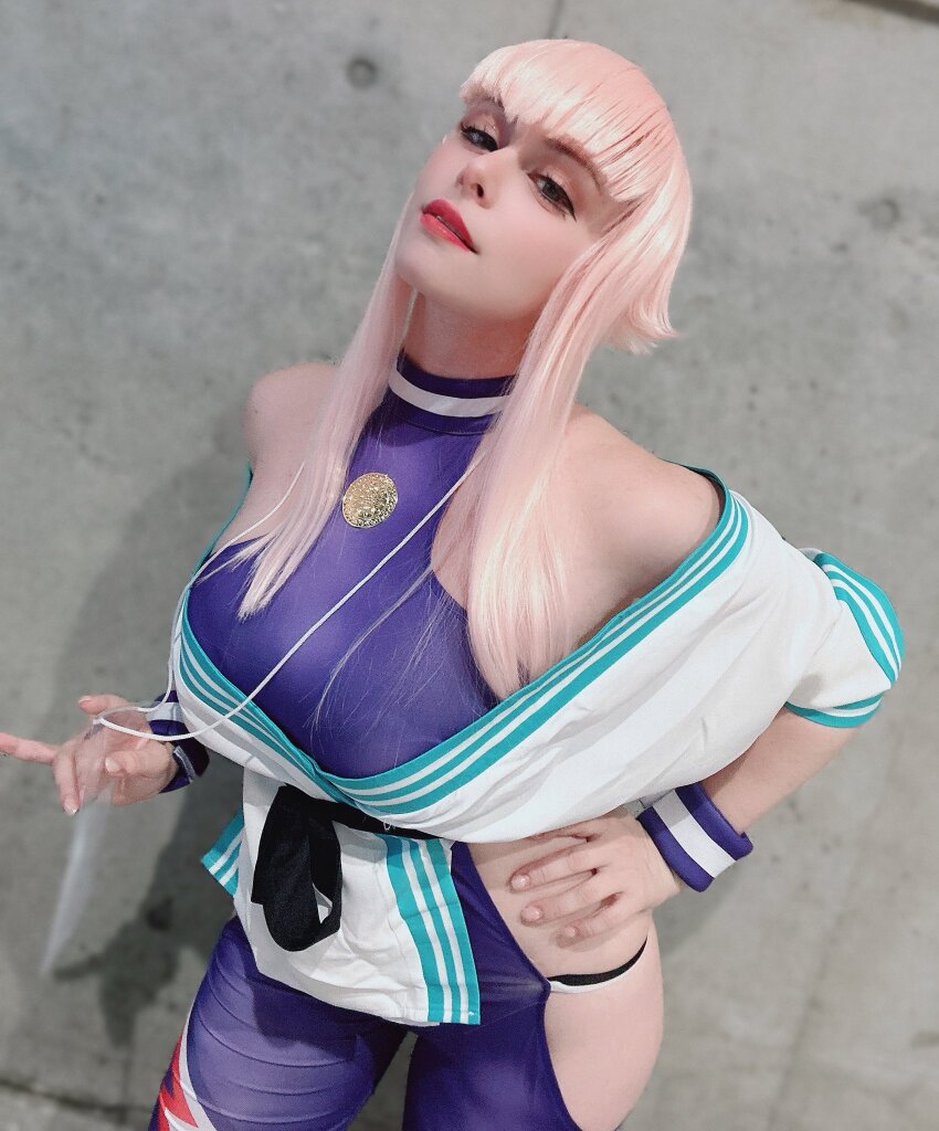 1girl bare_shoulders breasts cosplay highres hip_vent large_breasts long_hair manon_legrand manon_legrand_(cosplay) pink_hair real_life street_fighter street_fighter_6 yuriko_tiger