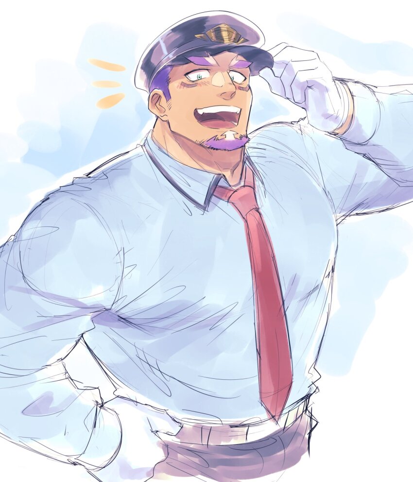 1boy :d bara blush collared_shirt cropped_legs dark-skinned_male dark_skin facial_hair goatee green_eyes hat head_tilt highres large_pectorals live_a_hero looking_at_viewer male_focus mature_male muscular muscular_male necktie notice_lines official_alternate_costume open_mouth peaked_cap pectorals purple_hair sanpaku shaft_(live_a_hero) shirt short_hair smile solo tareme thick_eyebrows thick_neck two-tone_beard unfinished yakisoba_ohmori