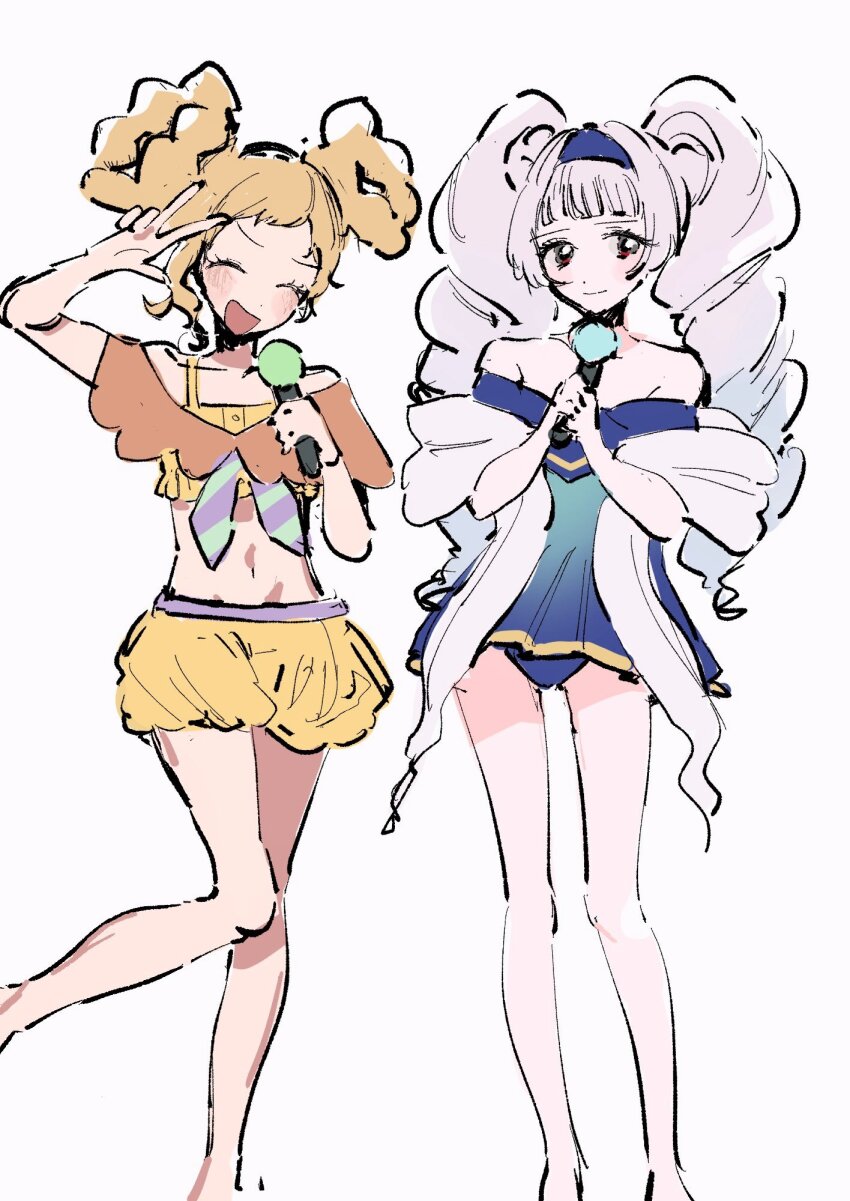 2girls aikatsu!_(series) aikatsu_stars! blonde_hair blue_hairband blue_one-piece_swimsuit blunt_bangs closed_eyes crop_top drill_hair feet_out_of_frame hair_rings hairband hands_up highres holding holding_microphone long_hair looking_at_viewer microphone multiple_girls navel nikaido_yuzu okomeiro one-piece_swimsuit open_mouth red_eyes shirogane_lily shorts smile standing swimsuit twin_drills twintails very_long_hair w yellow_shorts