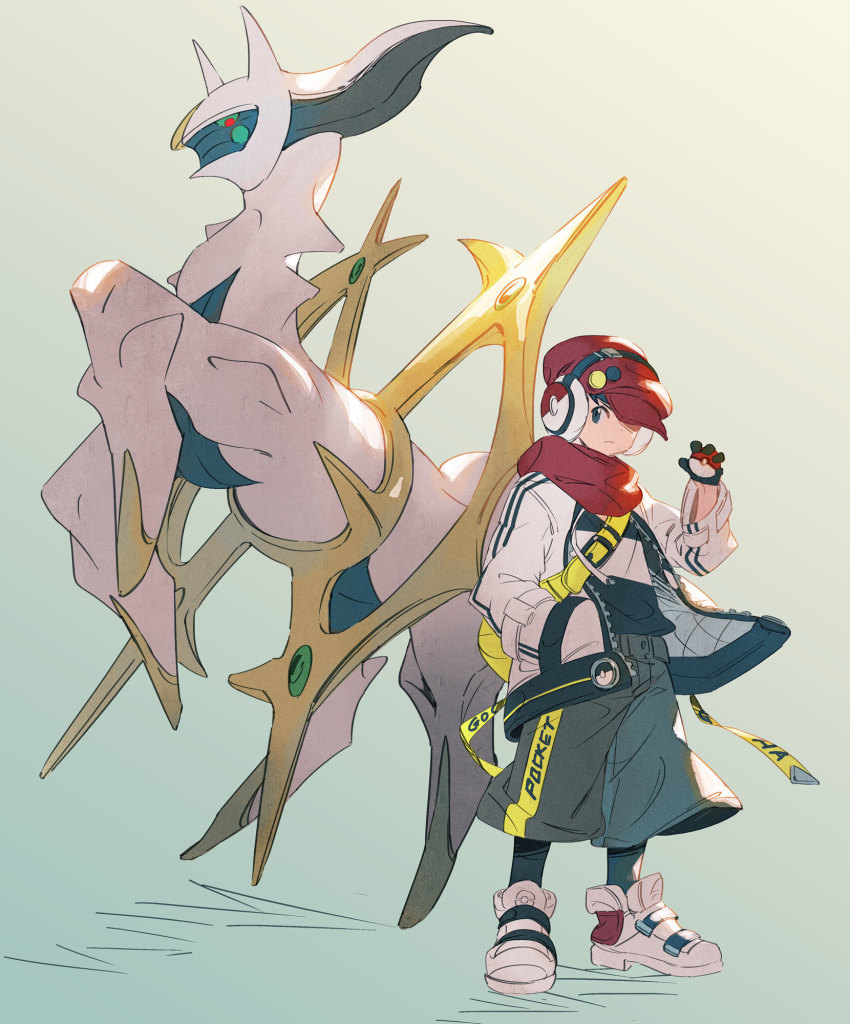 1boy arceus black_hair capri_pants closed_mouth coat commentary_request creatures_(company) game_freak gen_4_pokemon gloves hand_in_pocket hand_up hat headphones highres holding holding_poke_ball legendary_pokemon male_focus mythical_pokemon nintendo open_clothes open_coat pants poke_ball poke_ball_(basic) pokemon pokemon_(creature) pokemon_legends:_arceus red_headwear red_scarf rei_(pokemon) scarf shoes standing taroji white_footwear yellow_bag zipper