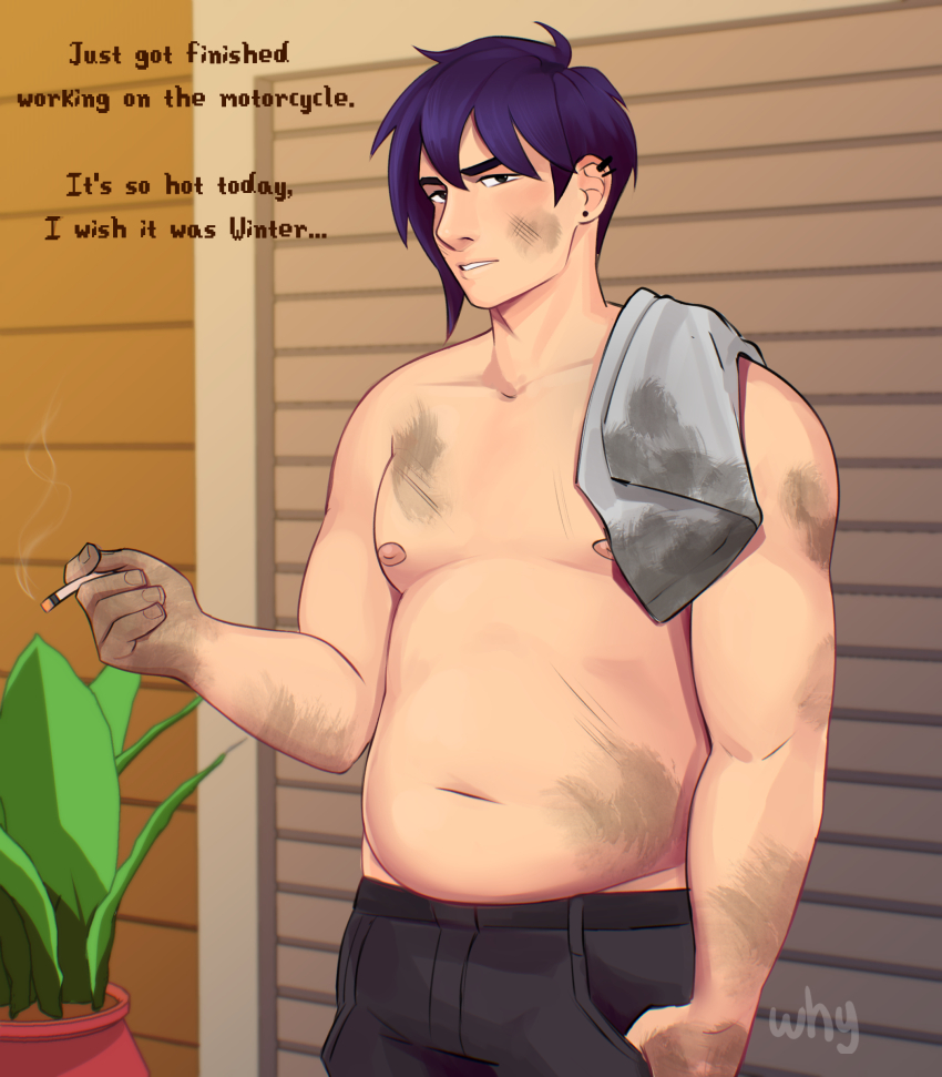 1boy absurdres artist_name asymmetrical_hair black_eyes black_hair black_pants cigar commentary dirty ear_piercing earrings english_commentary english_text fat fat_man garage hair_between_eyes highres holding holding_cigar jewelry looking_at_viewer male_focus pants piercing sebastian_(stardew_valley) short_hair solo stain stardew_valley stud_earrings thick_eyebrows thumb_in_pocket topless_male towel towel_on_one_shoulder whyd0id0whatid0