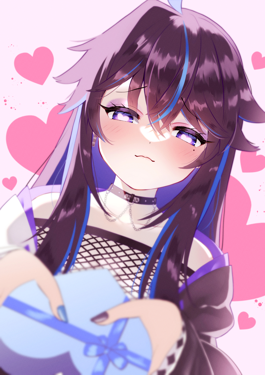 1girl ahoge black_choker black_hair black_hoodie blue_eyes blue_hair blue_nails blush breasts choker cleavage fishnet_top fishnets heart heart-shaped_pupils highres hood hoodie kson kson_(goth) large_breasts long_hair looking_at_viewer mole mole_under_eye multicolored_hair nail_polish purple_hair purple_nails shirt smile solo streaked_hair symbol-shaped_pupils two-tone_hoodie unisanjou valentine virtual_youtuber vshojo white_hoodie