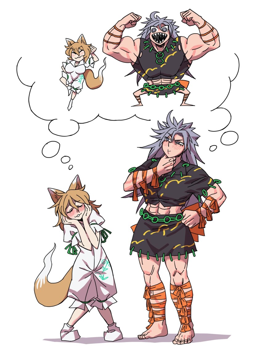 2girls :3 animal_ears arm_ribbon blush bow breasts closed_eyes eddybird55555 face_in_hands flexing fox_ears fox_girl fox_tail green_ribbon grey_hair hand_on_own_chin highres himemushi_momoyo kudamaki_tsukasa large_breasts midriff mullet multiple_girls muscular muscular_female orange_bow orange_ribbon ribbon romper shin_strap speech_bubble squinting tail thought_bubble touhou white_background white_romper