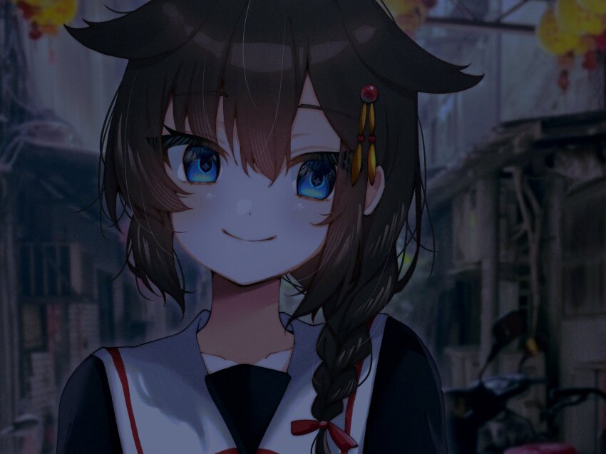 1girl black_hair black_serafuku black_shirt blue_eyes braid commentary_request faceless faceless_male hair_flaps hair_over_shoulder highres kantai_collection kazama_gorou long_hair sailor_collar school_uniform serafuku shigure_(kancolle) shigure_kai_ni_(kancolle) shirt sideways_glance single_braid solo white_sailor_collar