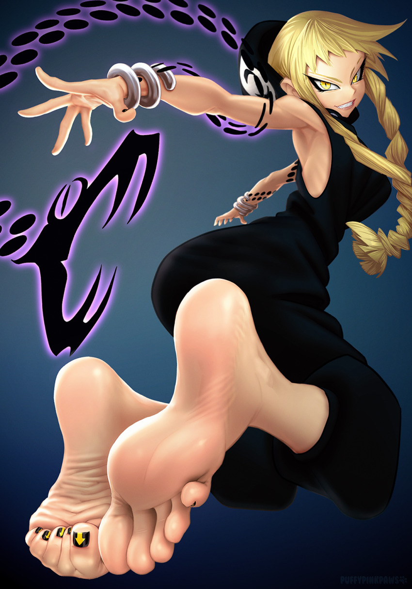 1girl barefoot blonde_hair braid feet grin highres hood long_hair looking_at_viewer medusa_gorgon puffypinkpaws smile soles soul_eater toes yellow_eyes
