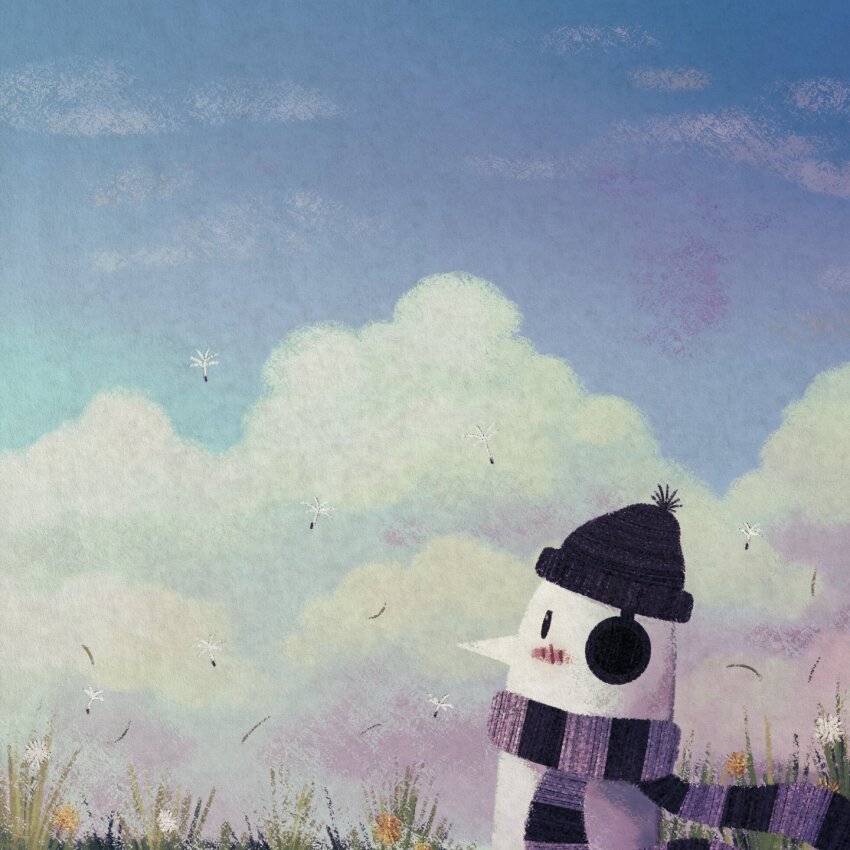 beanie black_hat blush cloud cryptidhermit dandelion dandelion_seed day earmuffs field flower hat highres no_humans onodera_punpun outdoors oyasumi_punpun scarf sky solo striped_clothes striped_scarf