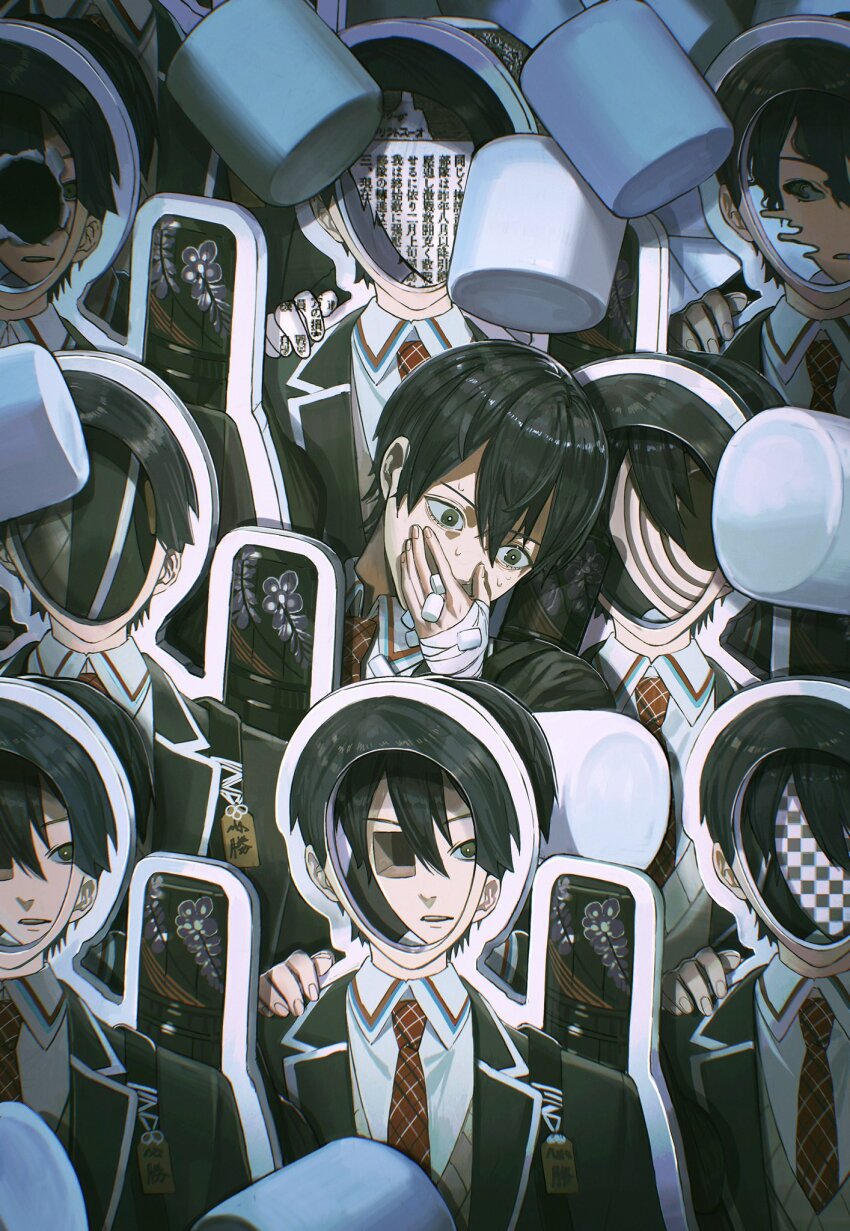 1boy bandaged_arm bandages black_hair black_pants blazer collared_shirt covered_mouth covering_own_mouth face_cutout green_eyes grey_vest hand_over_own_mouth highres ikuta41 jacket kenmochi_touya kenmochi_touya_(1st_costume) loafers necktie nijisanji pants school_uniform shirt shoes shoulder_strap solo sweatdrop vest virtual_youtuber white_shirt