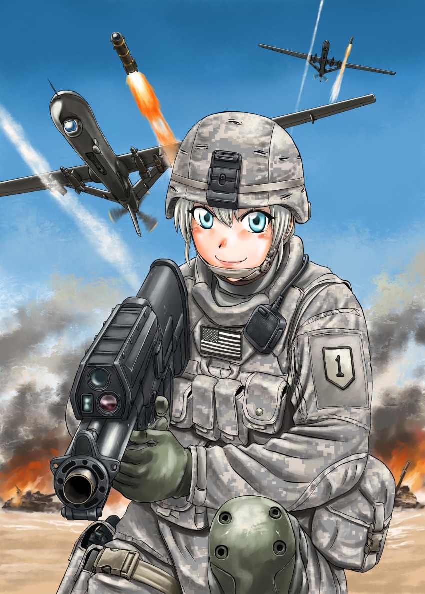 1girl aerial_bomb agm-114_hellfire air-to-surface_missile airburst_grenade_launcher aircraft alliant_techsystems anti-tank_guided_missile anti-tank_missile artist_name blue_eyes blush bulletproof_vest bullpup computerized_scope day drone exhaust explosion fire flying gbu-12_paveway_ii general-purpose_bomb general_atomics_aeronautical_systems grenade_launcher grey_hair guided_bomb gun handgun heckler_&amp;_koch highres holding holding_gun holding_weapon holster l-3_ios_brashear laser-guided_bomb lens long_gun looking_at_viewer military military_program military_uniform military_vehicle motor_vehicle mq-9_reaper official_art oicw_increment_2_(military_program) oicw_increments_(military_program) orbital_atk original paveway pistol precision-guided_firearm precision-guided_munition prototype_design sao_satoru scope semi-automatic_grenade_launcher short_hair sight_(weapon) smart_scope smile smoke surface-to-surface_missile tank telescopic_sight unmanned_aerial_vehicle unmanned_combat_aerial_vehicle ura_combat_comic war weapon white_hair xm104_(smart_scope) xm25_cdte